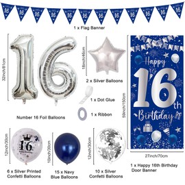 16th Birthday Decoration Blue and Silver, 16th Birthday Boy Girl, 16th Birthday Banner Balloons, Decoration 16th Birthday Poster Background Banner for 16th Party Birthday Decoration Door Wall Birthday