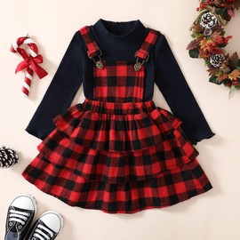 QURYPOMO Toddler Baby Girl Christmas Dress Long Sleeve Red Plaid Suspender Skirt Set Infant Girl Xmas Outfits Clothes 2-3 Years