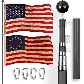 G128 Combo Pack: 20 Ft Telescoping Aluminum Flagpole (Black) & American and Betsy Ross Tea Stained Flags 3x5 Ft, Both ToughWeave Series Embroidered Polyester | Pole with Flags Included