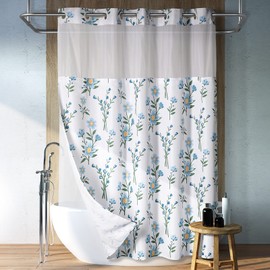 Lagute SnapHook Floral Shower Curtain with Snap-in Liner for Bathroom| No Hook Needed| Mesh Top Window| Machine Washable| Hotel Grade| 71Wx74L，Blue Bouquet