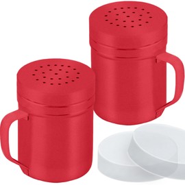 6oz Red Stainless Steel Salt Pepper Dredge Shakers - with Plastic Cap - with Handle - Pack of 2