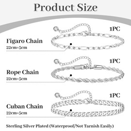 BelleVive 3 Stück Fußkettchen aus Sterlingsilber für Damen mit starkem Karabinerverschluss, Cuban Link, Figaro, Flat Mariner, Snake Herringbone, Büroklammer, wasserdichtes Fußkettchen