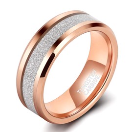 TRUMIUM 8mm Rose Gold Plated Rings for Men Women Tungsten Wedding Band Silver Sandstone Inlay Engagement Promise Rings Beveled Edges Size 7