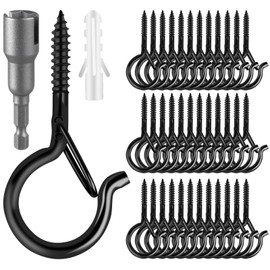 FSAH 50 Pack Screw-in Hooks for Outdoor String Lights, Q Hangers Light Outside, Swivel Hanging Basket Patio with Safe Buckle Screw in Planter Eye Hook Wall Ceiling, Black