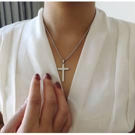 Simple Cross Pendant Necklace Stainless Steel Silver Tone for Men Women, 22'' Chain