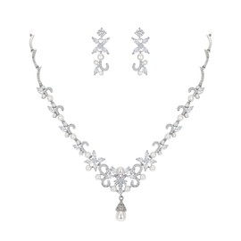 EVER FAITH Wedding Jewelry Set for Bridal White Marquise CZ Ivory Simulated Pearl V-Shaped Flower Bride Necklace Earrings Set