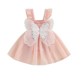 FYBITBO Newborn Baby Girl Summer Romper Dress Butterfly Fly Sleeve Strap Rompers Layered Tulle Bodysuit Clothes (Pink, 18-24 Months)