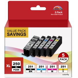 colorfly Compatibe 250 251 ink cartridges Replacement for Canon 250 and 251 Ink Cartridges MX922 Printer Ink Cartridges Use with PIXMA MX922 MG5420 MG5520 MG5522 MG6320 MG6620 (1PGBK, 1BK, 1C, 1M, 1Y)