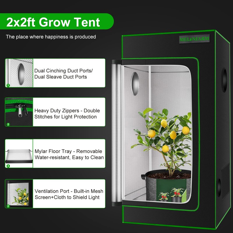 MELONFARM 2x2 Grow Tent, 24"x24"x48'' High Reflective 600D Diamond Mylar