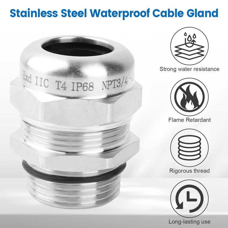 2 Pcs 3/4" NPT Stainless Steel Waterproof Cable Gland, IP68