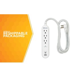 Woods 41026, 250 Joules Protection 3-Outlet 250J Surge Protector with 4' Braided Fabric Cord, Charger, White, 3.9A (1) USB-A & (1) USB-C