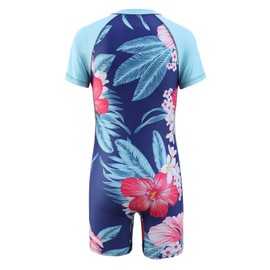 Moon Tree Big Girls Short Sleeve Rash Guard One Piece Swimsuits Zipper Front Bathing Suit Sun Protection Navy Blue Floral Size 10/8-10