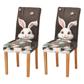 JUMBEAR Easter Cute Rabbit Chair Covers for Dining Room 2PCS,Stretch Chair Slipcovers Removable Washable Kitchen Chair Cover Decorative Seat Protector