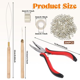 Hair Extension Tool Kit Hair Extension Pliers Bead Threader Pulling Hook Pliers 200 Pcs Silicone Rings Bead for Feather Hair-Extensions