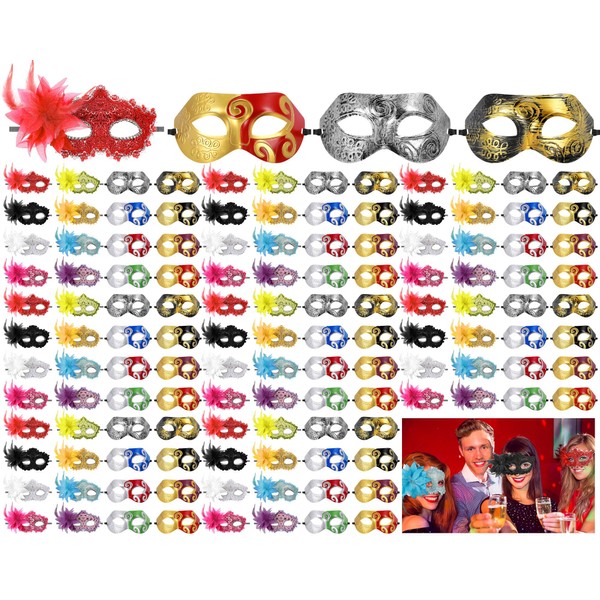 Sratte 128 Pcs Couple Masquerade Mask with Feather Flower Unisex