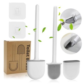 Silikon-WC-Bürste, 2 Stück, WC-Bürsten und Halter, Klo-Bürste, flach, flexibel, tropffrei, wandmontiert, WC-Reinigerbürste, biegsame Borsten für Eckenreinigung (grau-weiß)