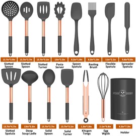 Silicone Cooking Utensil Set, Umite Chef Kitchen Utensils 15pcs Cooking Utensils Set Non-stick Silicone Rose Gold Handle Cooking Tools Whisk Kitchen Tools Set -Grey