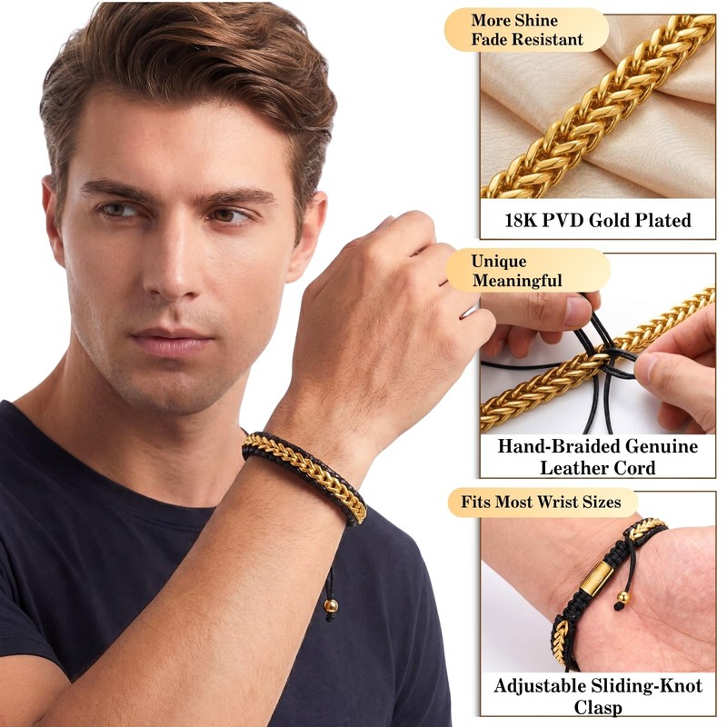 WP WEPICK Mens Bracelet Leather 18K Gold Plated Braided Cuff