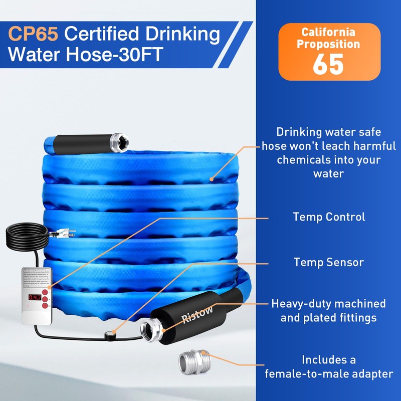 30FT RV Heated Drinking Water Hose -Temp Control, Features Water