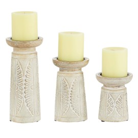 Deco 79 Wood Floral Handmade Decorative Candle Holder Intricate Carved Pillar Candle Stand, Set of 3 Candlestick Holder 10', 8', 6'H, White