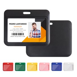 Lanyardio 1 Pack Sliding Horizontal ID Badge Holder Hard Black Plastic Card Case Protector Pouch with Clear Window for Office School ID Credit Cards and Proximity Key Cards