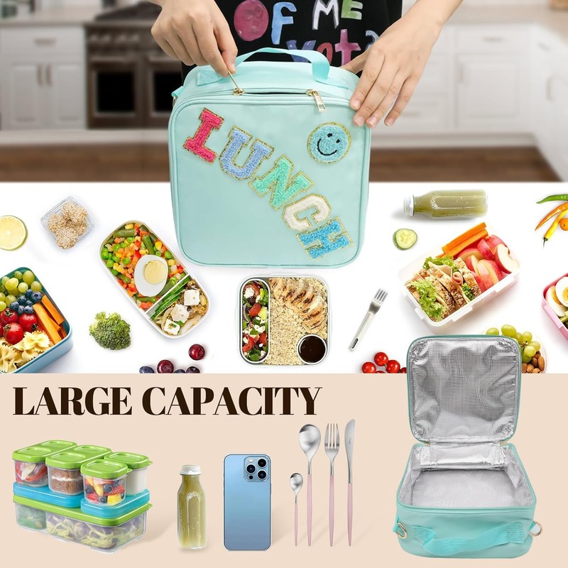 Insulated Lunch Bag Preppy Lunch Box with Adjustable Shoulder Strap,