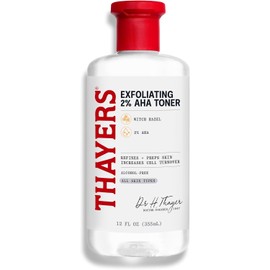 Tónico exfoliante Thayers 2% AHA con ácido glicólico, ácido láctico y hamamelis, suavizante y refinador de poros para todo tipo de piel, 12 fl oz