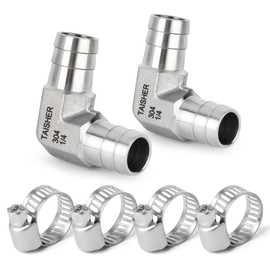 TAISHER 2PCS 304 Stainless Steel 90 Degree Elbow Hose Barb Fittings 1/4" Barb x 1/4" Barb for Fuel/AIR/Lquid/Gas with 4PCS Hose Clamp