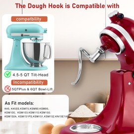 100% Polished Stainless Steel 5QT Smooth Dough Hook Attachment for KitchenAid 4.5-5QT Tilt-Head Mixer, Uncoated Dough Hook Anti-Oxidation, Dishwasher Safe, Perfect Seamless Accessories,Scraper&Recipes