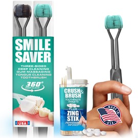 SMILE SAVER 360° 3-Sided Toothbrush 2PK + Toothpaste Tablets + Zing Stix Peppermint Infused Toothpicks | Gum Massage & Tongue Cleaner | Black & Teal Heads - Charcoal Handles