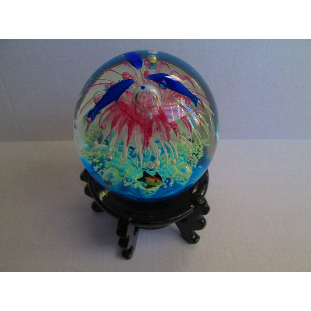 Glass Fish Tank Paperweight Sphere with Sea Dolphins,scupture, Glow in the Dark,pink, With Wooden Stand