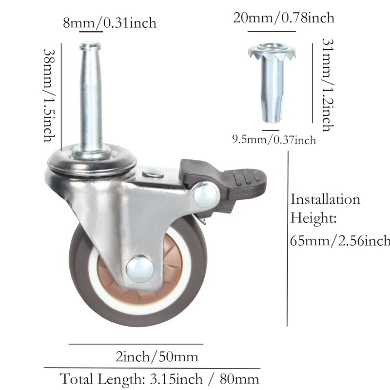 Stem Caster Wheels with 5/16" x 1-1/2" (8 x 38mm)