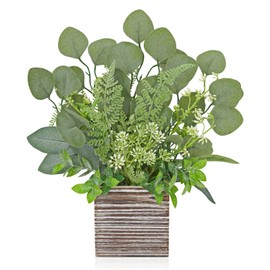 Hollyone Artificial Eucalyptus Plant in Rustic Wood Planter 14" Faux Eucalyptus Fern Greenery Arrangement Potted Plant Centerpiece for Farmhouse Home Indoor Wedding Table Mantel Shelf Kitchen Decor