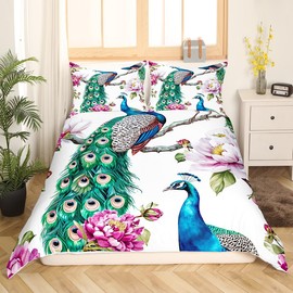 Castle Fairy - Juego de funda de edredón de pavo real colorido de tamaño individual, juego de 2 piezas para decoración de habitación de niños, funda de edredón de flores rosadas y moradas, funda de