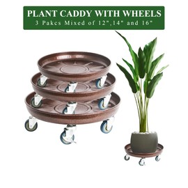 AyaLight Metal Heavy Duty Plant Caddy Round Flower Pot Mover, 3 Pack Mixed of 14", 16" and 20" Rolling Plant Stand with Wheels, Indoor Outdoor Plant Dolly with Casters Planter Tray, Bronze