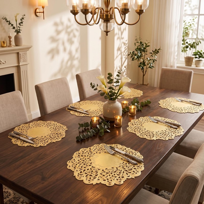 FAVE Gold Round Placemats Set of 6, Washable Place Mats