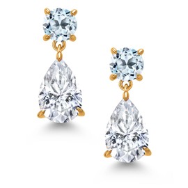 Gem Stone King 8.14 Cttw Pear Shape 12X8MM Moissanite and Round 6MM Blue Topaz Set in 18K Yellow Gold Plated Silver Sky Drop Dangle Earrings for Women