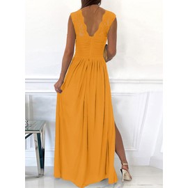 Dokotoo Womens Ladies Elegant Floor Length A Line Wrap Deep V Neck Backless Ruched Pleated Ruffled Split Long Maxi Formal Evening Party Prom Dress Bridesmaid Wedding Guest Dresses for Women Yellow XL