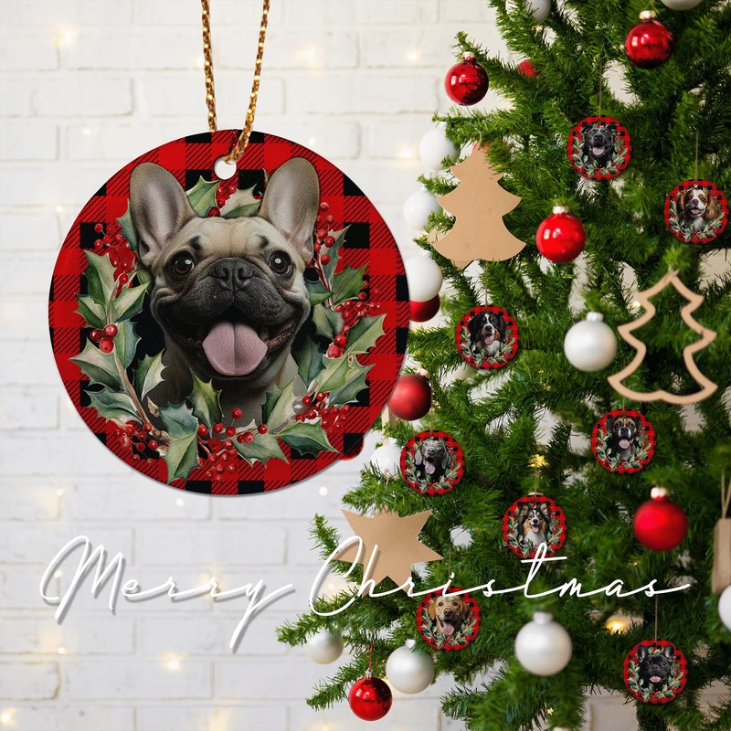 Vcmaluco French Bulldog Ornaments, 1Pcs Ceramic Christmas Ornaments, Red, Christmas