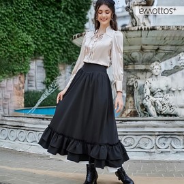 EMOTTOS Women's Maxi Skirt, Medieval Skirt, Long Maxi Skirt with 2-in-1 Design, Victorian Skirt with Pockets, Elastic High Waist, Double Layer Vintage Skirt, Black, S-XL, black, M