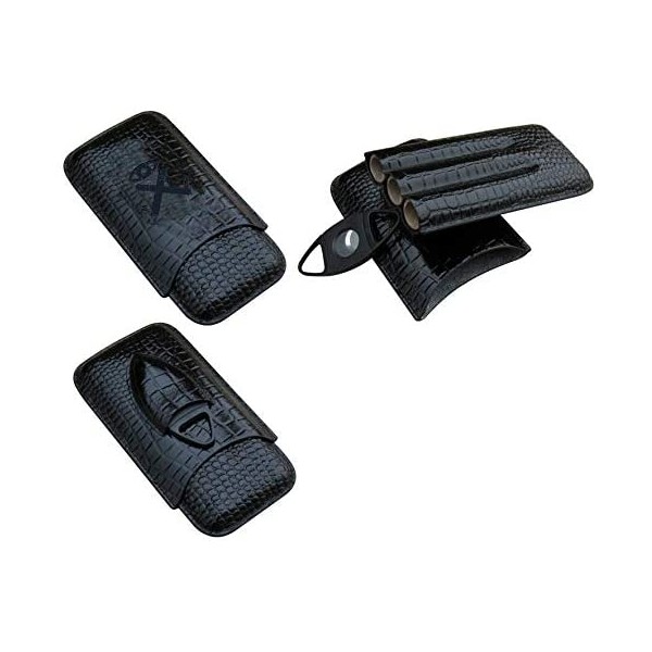 Classy Black Crocodile Pattern Leather Cigar Holder Travel Case - Black Stainless Steel Cigar Cutter Included - Perfect Set for Any Cigar Lover - Holds 3 Cigars