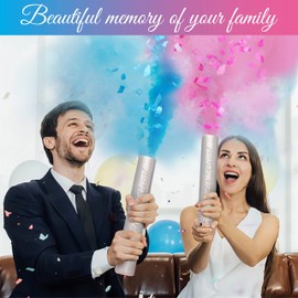 Santiago Design Gender Reveal Confetti Cannon Poppers - Set of 2 Pink - 100% Biodegradable Confetti Fabric & Safe Powder Smoke - Baby Boy Girl Gender Reveal Party Supplies