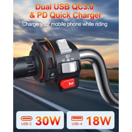 ZEXMTE Motorcycle USB Charger,18W QC 3.0 & 30W PD Type C Dual USB Motorbike Quick Charger, 12V/24V USB Motorcycle Socket Waterproof for Phones, Tablets, Digital Cameras, GPS