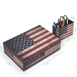 DreamsEden Vintage American Flag Wooden Keepsake Box & Pen Pencil Holder Cup - Patriotic Table Decoration Decorative Storage Boxes Memorial Gifts Desk Office Home Decor