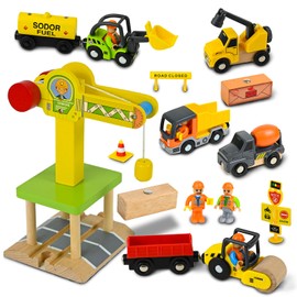 Joellfuner Construction Vehicles, Children's Wooden Toy, Magnetic Construction Site Crane Toy with Tower Crane, Excavator, Crane Truck, Dump Truck, Road Roller, Construction Vehicles, Gift, Children,