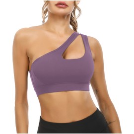 Sykooria - Sujetadores deportivos para mujer, con un solo hombro, para entrenamiento, yoga, sexy, lindo, de apoyo mediano, Púrpura, gris, S