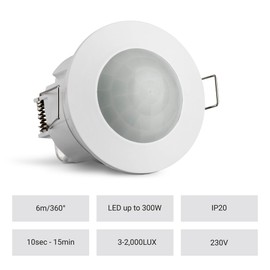 SEBSON SEBSON PIR Sensor Indoor, Ceiling Flush Mounted, Infrared Motion Sensor, LED Suitable, Range 6m / 360, max. 1200/300W, IP20, 3-Wire, White