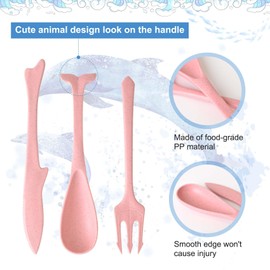 Heloner Reusable Travel Utensils Set with Case, Ocean Themed Plastic Cutlery Set Fork and Spoon Set for Lunch Box Accessories, Portable Flatware Utensil Set for Daily Use or Outdoor (Pink)
