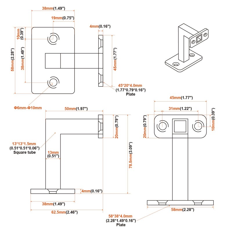 RealPlus Handrail Brackets 4 Pack Heavy Duty Steel Square Hand