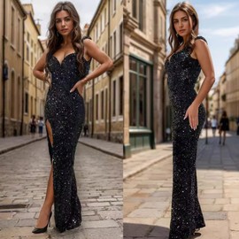 Jigfar Women's Sexy Elegant Sparkly Sequins Deep V Neck Split Bodycon Maxi Dress(FK3252,Black,L)